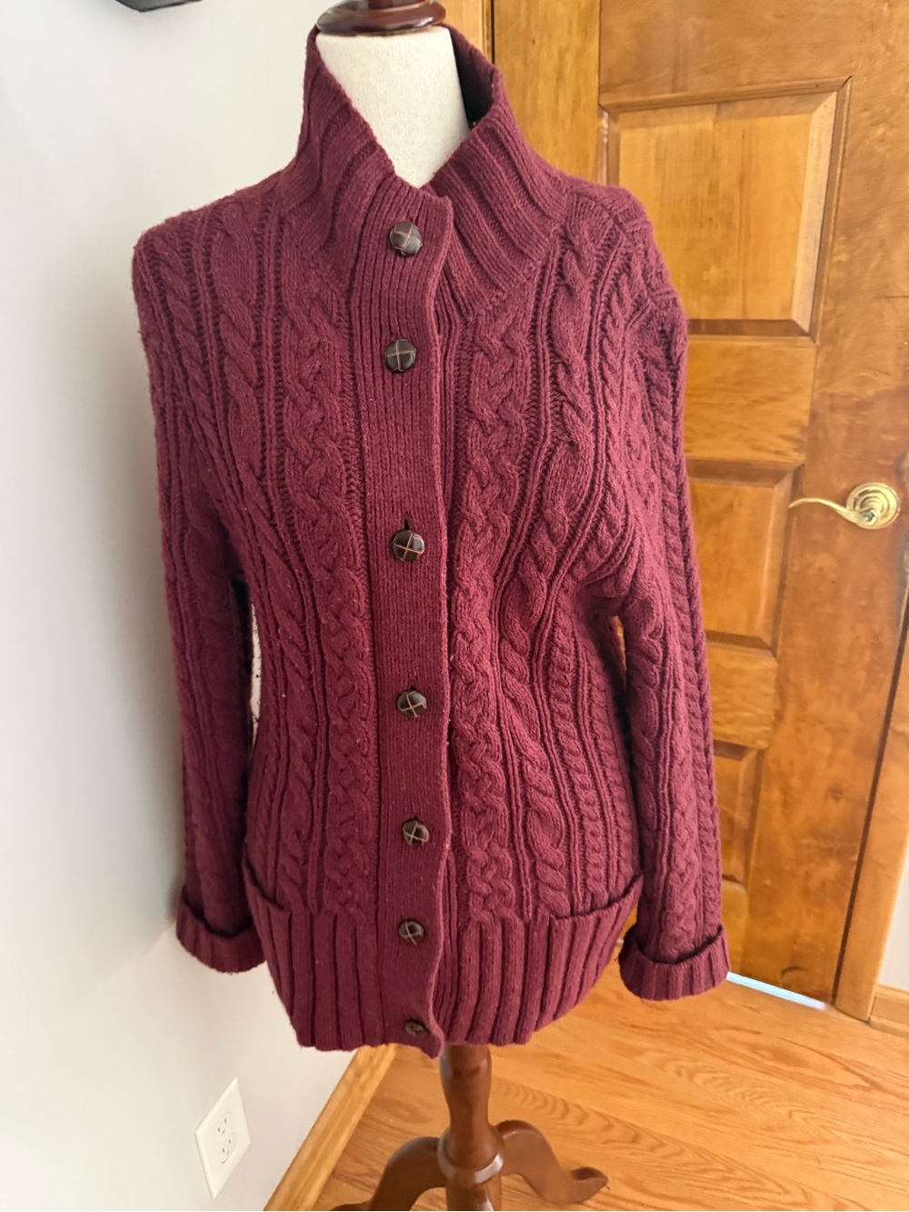 Duluth Trading Co Burgundy Cable Knit Button-Up Cardigan